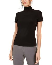 Anne Klein Blouse Size Xl Short-sleeve Mock-neck Solid - Black
