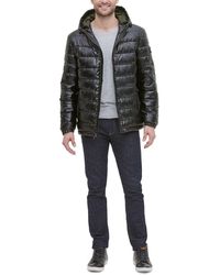 cole haan wool blend leather trim rib knit inset coat