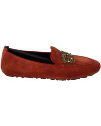 Dolce & Gabbana Leather Crystal Crown Loafers Shoes - Orange