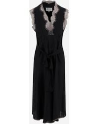 Maison Margiela - Gemengde Zijden Jurk Met Kanten Inzetstukken - Lyst