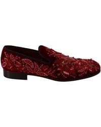 Dolce & Gabbana Shoes Velvet Crystal Slip On Loafer - Red