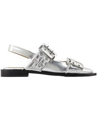 Ganni - Vrouwelijke Buckle Ballerinas Synthetisch Leer Zilver - Lyst