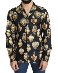 Dolce & Gabbana Black Sacred Heart Print Silk Casual Shirt
