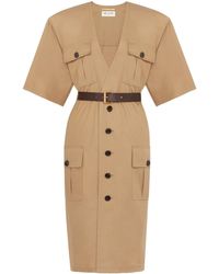 Saint Laurent - Twill Katoenen Midi-Jurk Met Ceintuur - Lyst