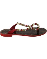 Dolce & Gabbana Red Leather Crystal Sandals Flip Flops Shoes - Multicolour