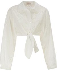 MC2 Saint Barth - Linnen En Katoenen Broderie Anglaise Cropped Overhemd Met Strik Aan De Voorkant - Lyst