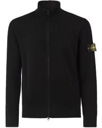 Stone Island - Virgin Wool Ribbed Cardigan With High Neck And Zip - Lyst