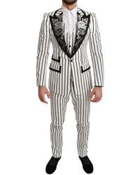 Dolce & Gabbana Black Striped Floral 3 Piece White Suit