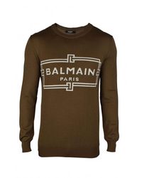 Balmain - Khaki Wool Sweater With Center Logo - Lyst