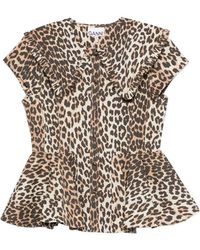 Ganni - Top Met Luipaardprint En Ruches - Lyst