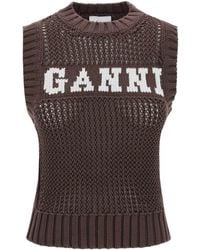 Ganni - Open Stitch Gebreide Vest Met Logo - Lyst