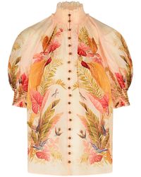 Zimmermann - 'billow' Ramie Puff Sleeves Blouse In 'cream Palm Floral' - Lyst