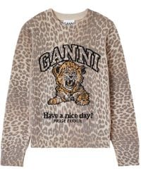 Ganni - Tiger-Print Intarsia-Knit Sweater - Lyst