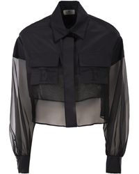 Elisabetta Franchi - Cropped Katoenen Overhemd Met Zijden Organza-inzetstukken - Lyst
