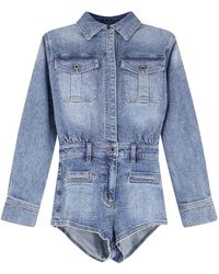 Self-Portrait - Denim Playsuit With Textured Finish - Lyst