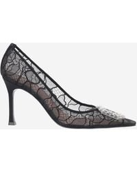 AMINA MUADDI - Pointed Toe Pumps With Sheer Lace Overlay And Crystal Buckle - Lyst