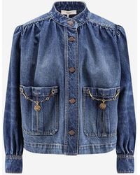 Chloé - Denim Jack Met Ruches Kraag En Hoge Hals - Lyst