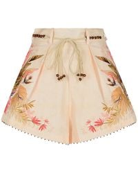 Zimmermann - 'tuck' Linnen Geplooide Shorts In 'cream Palm Floral' Kleur - Lyst