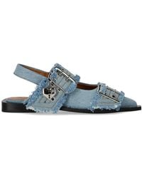 Ganni - Faded Denim Slingback Ballet Flat Shoe With Buckles - Lyst