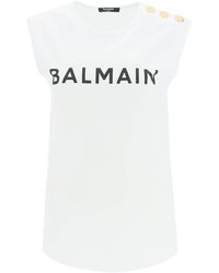 Balmain Camiseta sin mangas con estampado de logotipo de Algodón blanco - Negro
