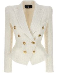 Balmain - Double Breasted Tweed Blazer Met Logo -knoppen - Lyst