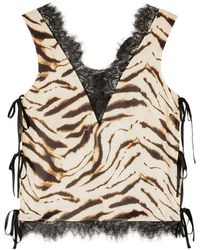 Ganni - Top Met Kanten Afwerking En Dierenprint - Lyst