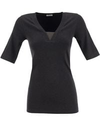 Brunello Cucinelli - Stretch Cotton Rib Jersey T -shirt Met Kostbare Inzetstuk - Lyst
