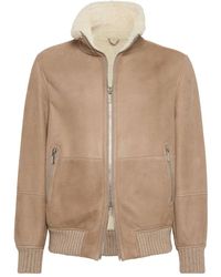 Brunello Cucinelli - Suede Jacket With Shearling Collar - Lyst