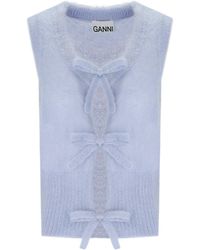 Ganni - Cardigan senza maniche blu con fiocchi - Lyst