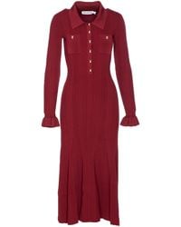 Self-Portrait - Burgundy Ribbed Knit Midi Dress With Ruffled Cuffs - Lyst