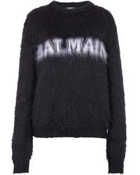 Balmain - Maglione mohair nero con dettaglio logo - Lyst