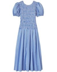 Ganni - Striped Smocked-Waist Dress - Lyst