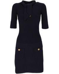 Elisabetta Franchi - Fitted Ribbed Knit Mini Dress With Nektie Detail - Lyst