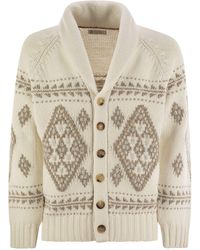 Brunello Cucinelli - Geometric Jacquard Cashmere Feather Cardigan With Shawl Collar - Lyst