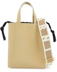 Marni - Bolsa de compras de cuero beige con asas cortas y correa para hombros - Lyst