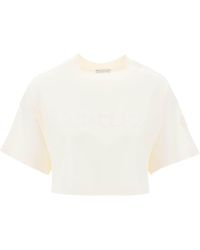 Moncler - T-shirt cropped con logo in paillettes - Lyst