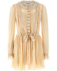 Self-Portrait - Tan Pleated Georgette Mini Dress - Lyst
