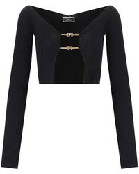 Elisabetta Franchi - Black Cropped Cardigan With Logo Detail - Lyst