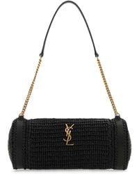 Saint Laurent - Black Raffia And Leather Cassandre Shoulder Bag - Lyst
