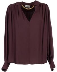 Elisabetta Franchi - Burgundy Blouse With Deep V-Neck And Pleated Detailing - Lyst