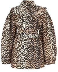 Ganni - Leopard Print Belted Trench Coat - Lyst