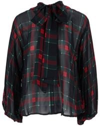 Shirtaporter - Tartan Plaid Sheer Chiffon Bow Tie Blouse - Lyst
