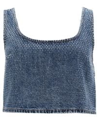 Self-Portrait - Denim Crop Top With Rhinestones - Lyst