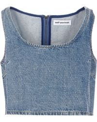 Self-Portrait - Rhinestone Denim Crop Top - Lyst