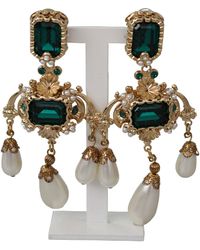 Dolce & Gabbana Gold Brass Green Filigree Crystal Charms Dangle Clip-on Earrings - Metallic