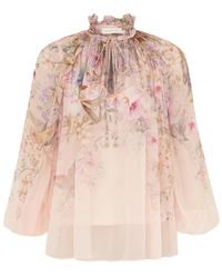 Zimmermann - Floral Sheer Tie-Neck Blouse - Lyst
