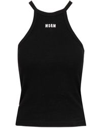 MSGM - Tops ,Zwart ,Katoen Zwarte Geribbelde Katoenen Top Met Ronde Hals - Lyst