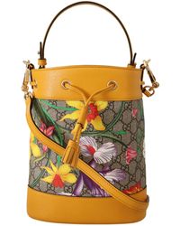Gucci Yellow Leather & Canvas Ophidia Flora Bucket Shoulder Bag - Multicolor