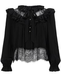 Self-Portrait - Ruffled Lace Trim Tie-Neck Blouse - Lyst