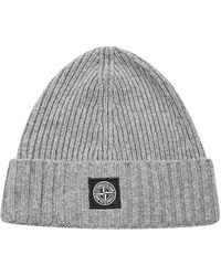 Stone Island - Beanie With Compass Patch Ribbed Wool Cashmere - Lyst